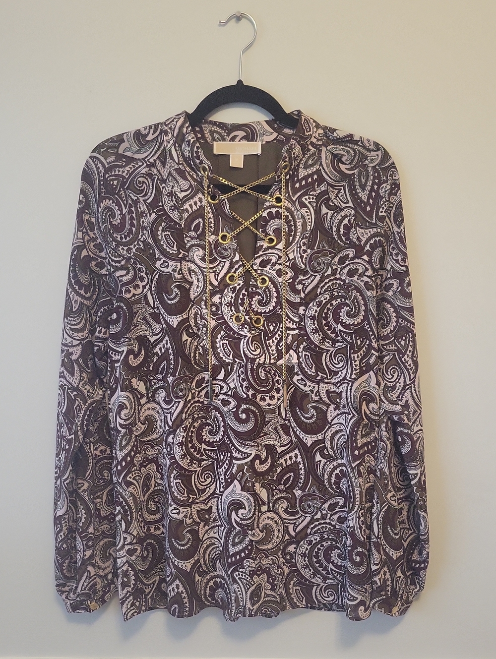 Michael Kors Brown Paisley Lace-Up Long Sleeve Blouse